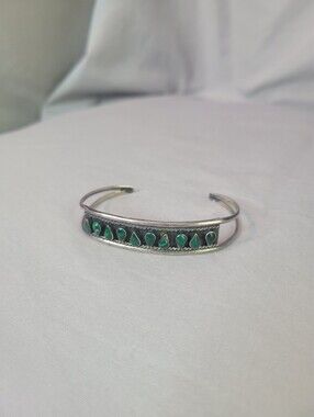 Vintage 925 Green Teardrop Malachite Stone Inlay Silver Cuff Bracelet